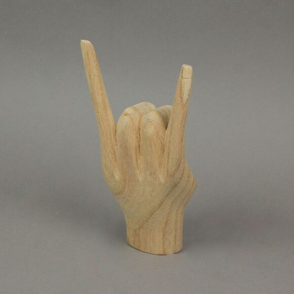Carved Wooden Rock On Devil Horns Hand Gesture Statue Natural Finish Home Decor - Picture 7 of 7